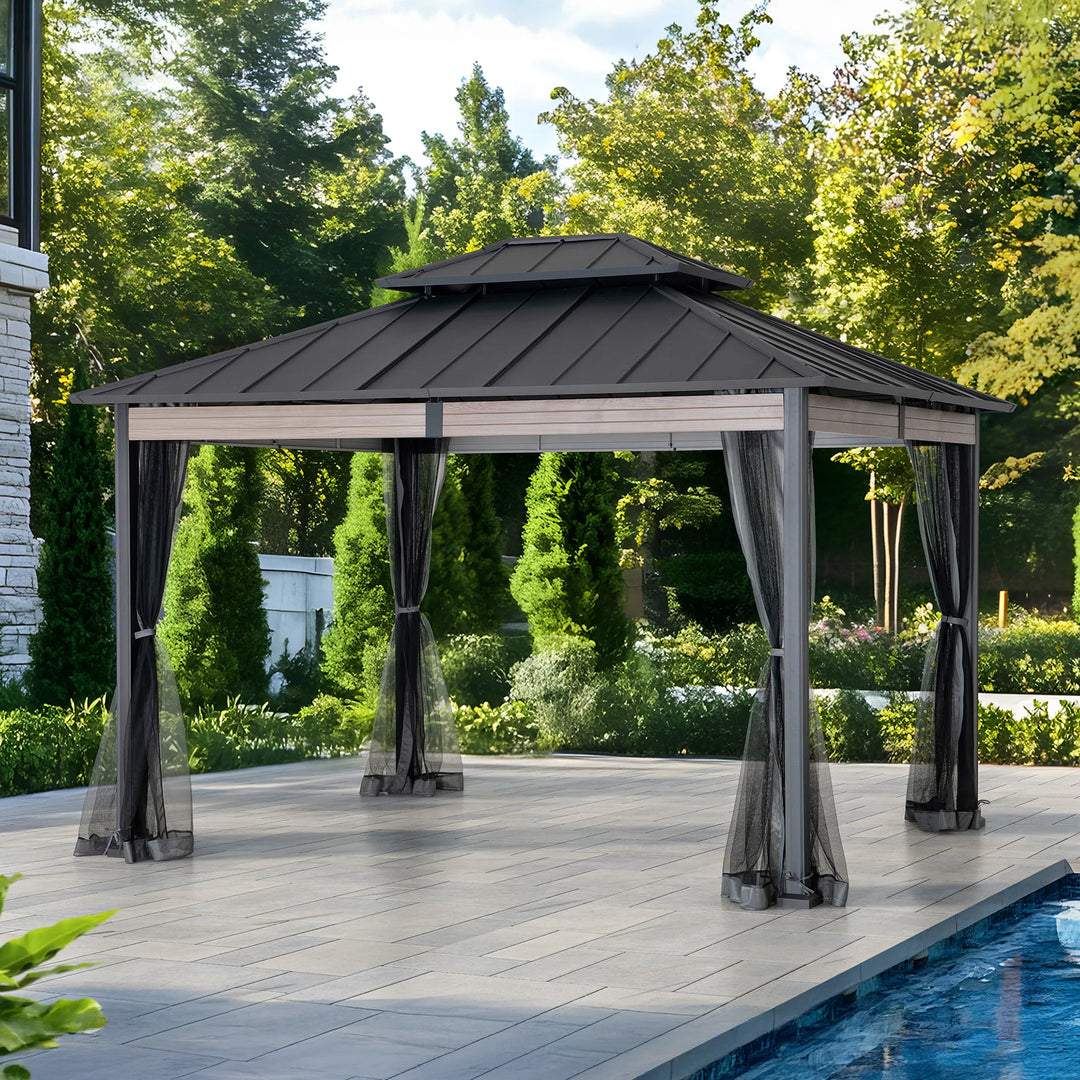 SUNJOY 3.6m x 3m Heavy-Duty Hardtop Gazebo with Mosquito Netting 