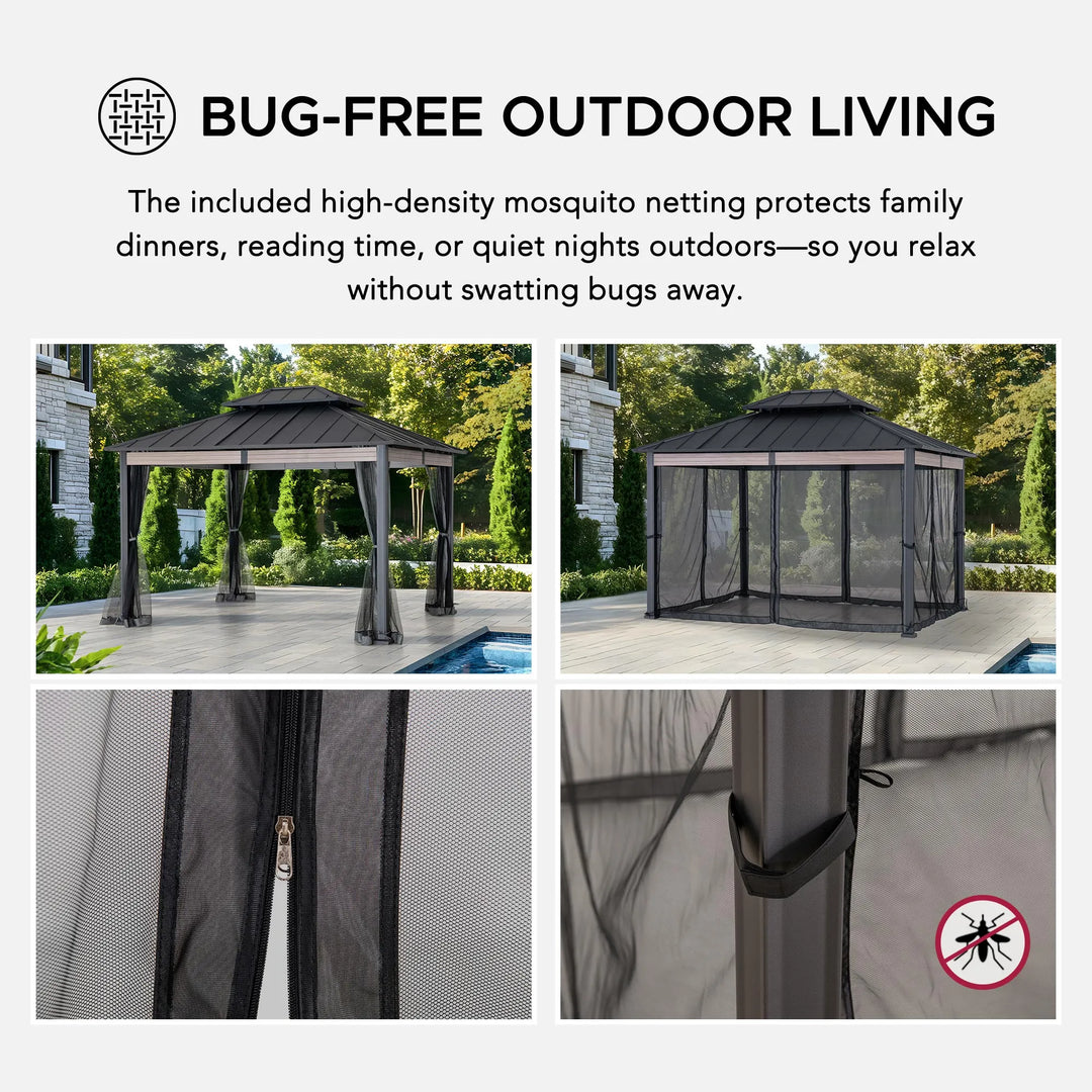 SUNJOY 3.6m x 3m Heavy-Duty Hardtop Gazebo with Mosquito Netting 