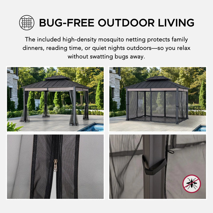 SUNJOY 3.6m x 3m Heavy-Duty Hardtop Gazebo with Mosquito Netting 
