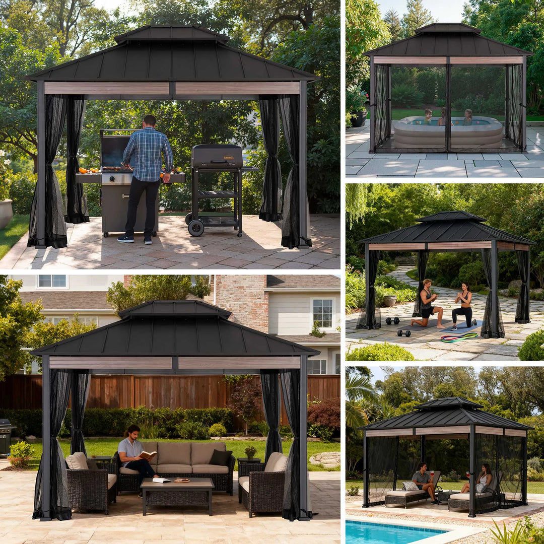SUNJOY 3.6m x 3m Heavy-Duty Hardtop Gazebo with Mosquito Netting 