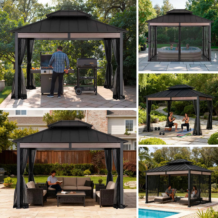 SUNJOY 3.6m x 3m Heavy-Duty Hardtop Gazebo with Mosquito Netting 