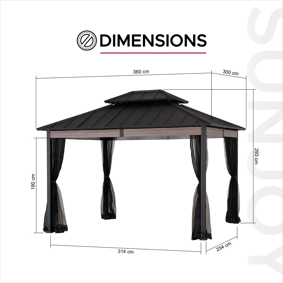 SUNJOY 3.6m x 3m Heavy-Duty Hardtop Gazebo with Mosquito Netting