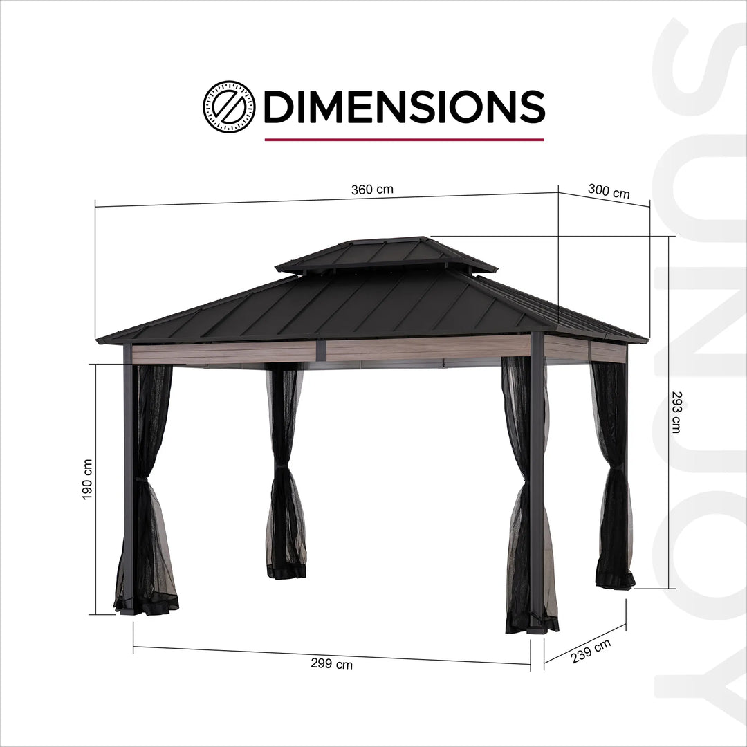 SUNJOY 3.6m x 3m Heavy-Duty Hardtop Gazebo with Mosquito Netting