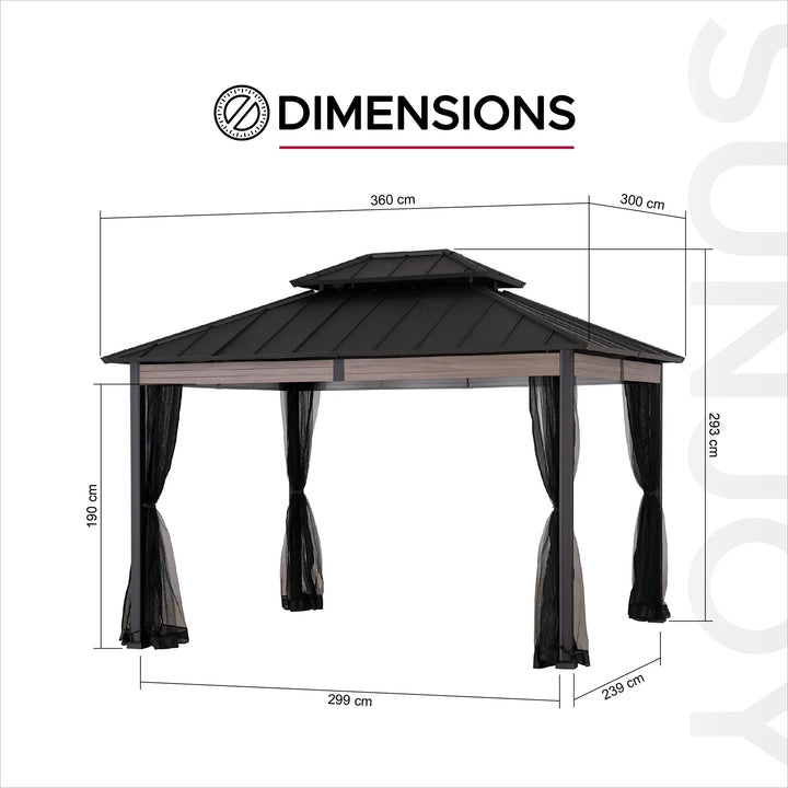 SUNJOY 3.6m x 3m Heavy-Duty Hardtop Gazebo with Mosquito Netting
