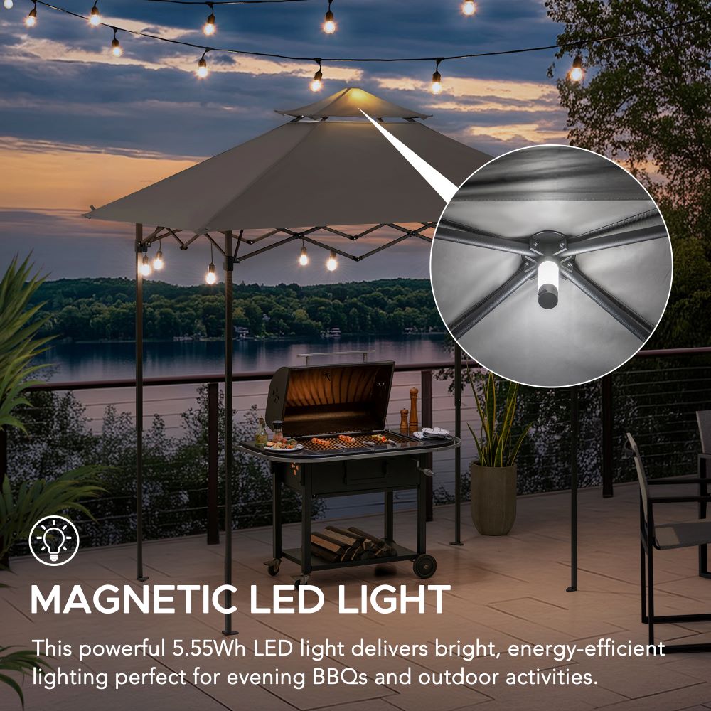 Outdoor setting with a grill under a large umbrella, magnetic LED light highlighted, and scenic background.