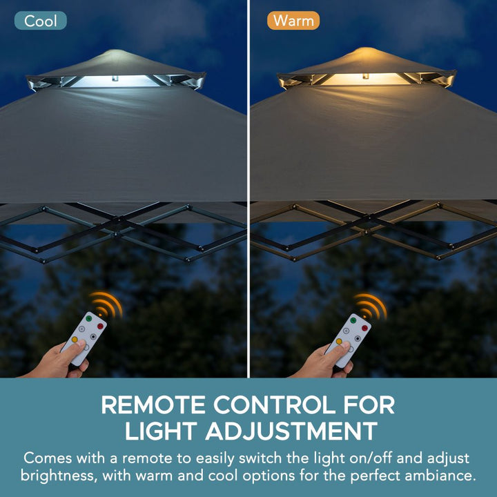 Gazebo with remote control for light adjustment between cool and warm settings.