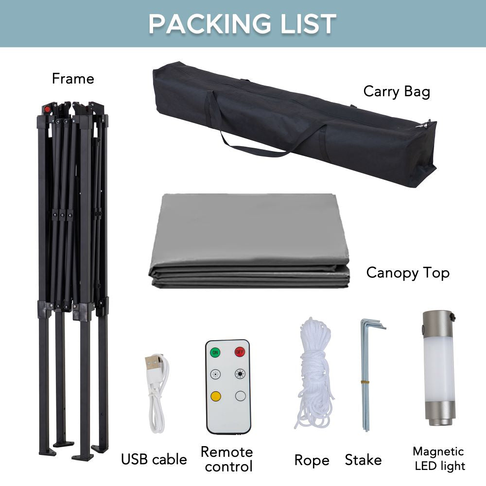 Packing list for a camping or outdoor setup with frame, carry bag, canopy top, USB cable, remote control, rope, stake, and magnetic LED light.