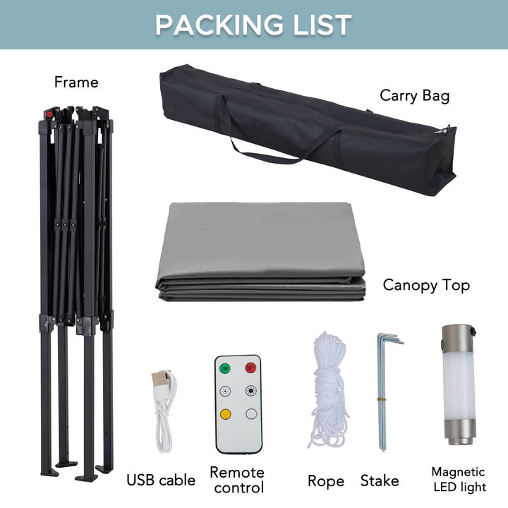Packing list for a camping or outdoor setup with frame, carry bag, canopy top, USB cable, remote control, rope, stake, and magnetic LED light.