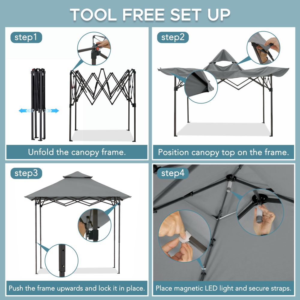 Step-by-step guide on setting up a canopy with tool-free instructions.