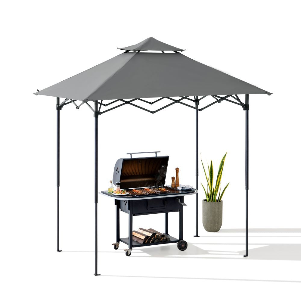 Outdoor grill with gray canopy and potted plant on a white background