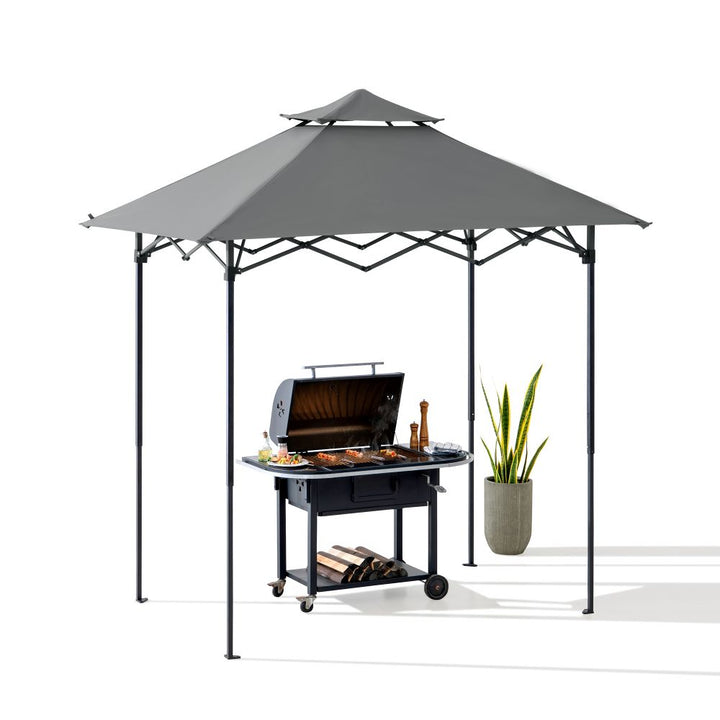 Outdoor grill with gray canopy and potted plant on a white background