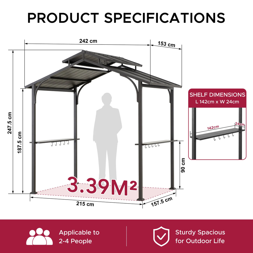 SUNJOY 2.42m x 1.53m Hardtop Grill Gazebo with Bar Shelves