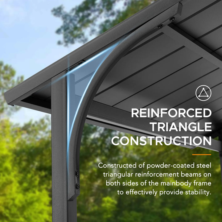 Pergola structure with reinforced triangle construction text overlay