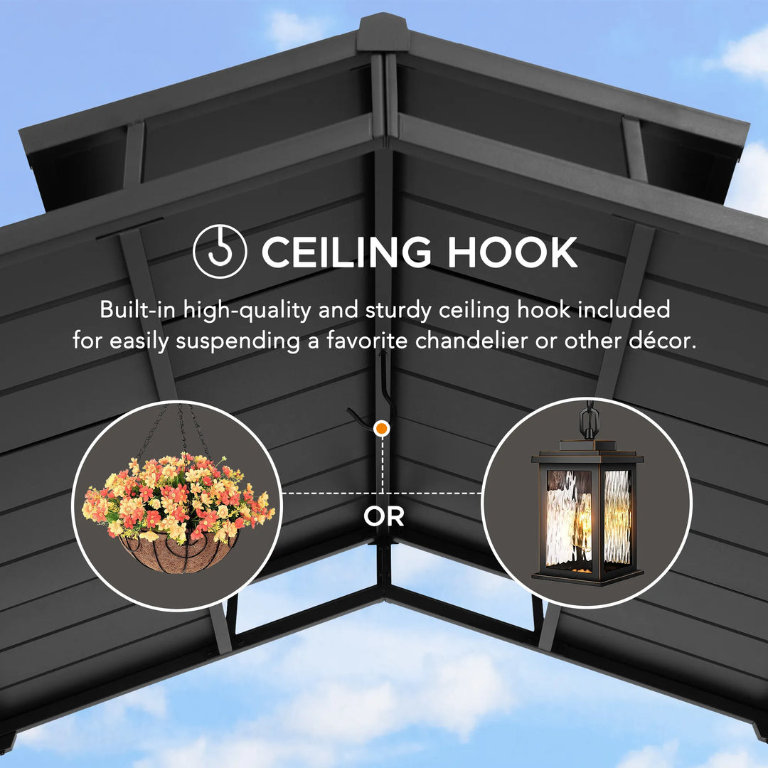 Ceiling hook feature on a gazebo with illustrations of hanging decor.
