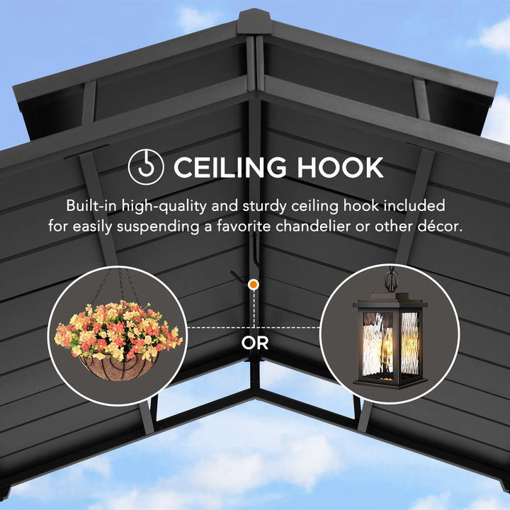Ceiling hook feature on a gazebo with illustrations of hanging decor.