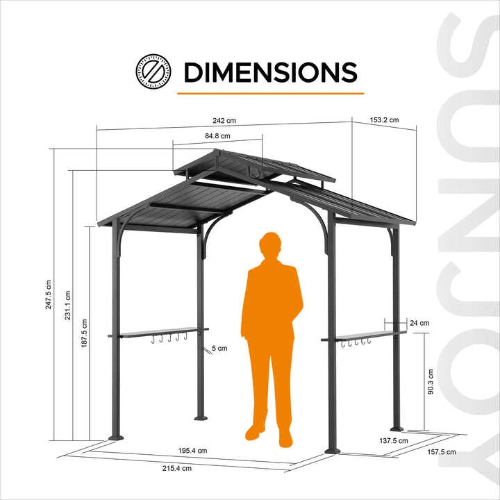 Garden gazebo with dimensions shown, including a person for scale.