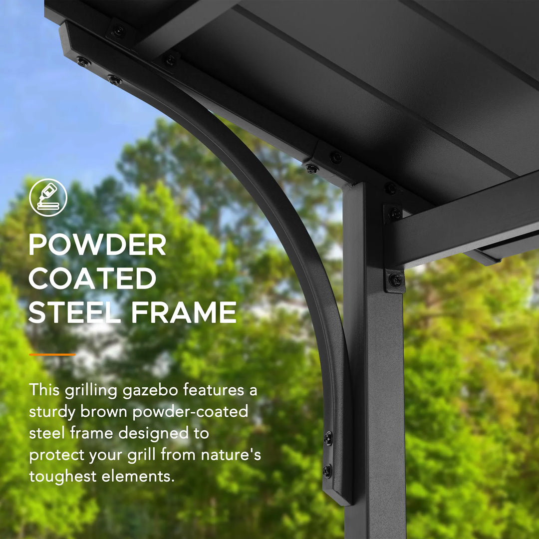 Grilling gazebo with powder-coated steel frame against a green outdoor background