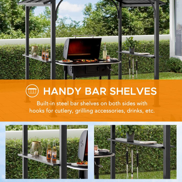Outdoor barbecue area with handy bar shelves and grill, surrounded by greenery.