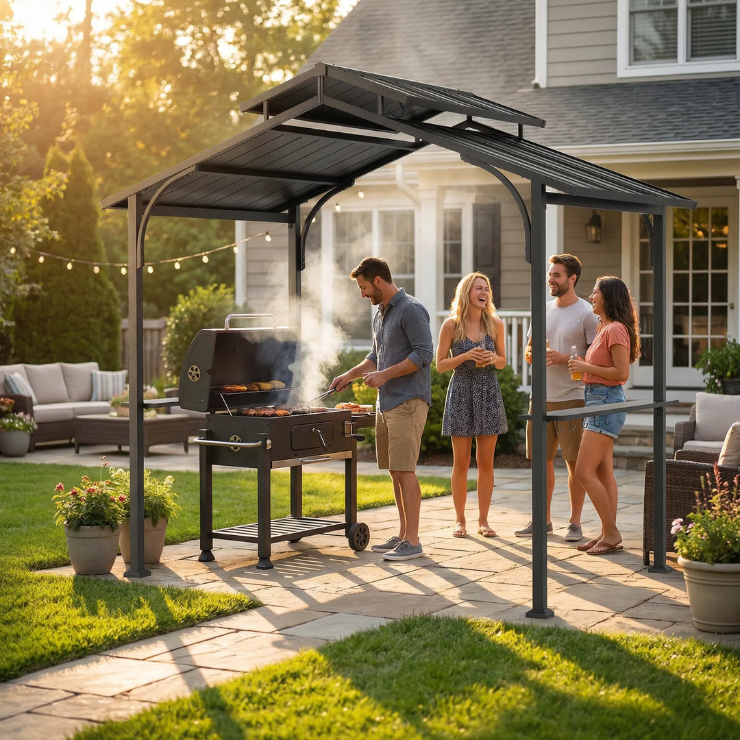 SUNJOY 2.42m x 1.53m Hardtop Grill Gazebo with Bar Shelves
