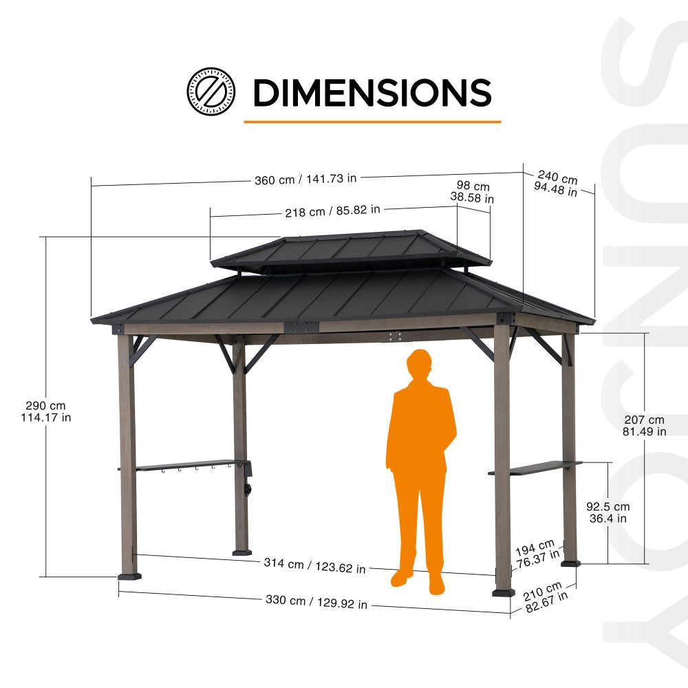 Gazebo dimensions diagram with a person silhouette for scale on a white background