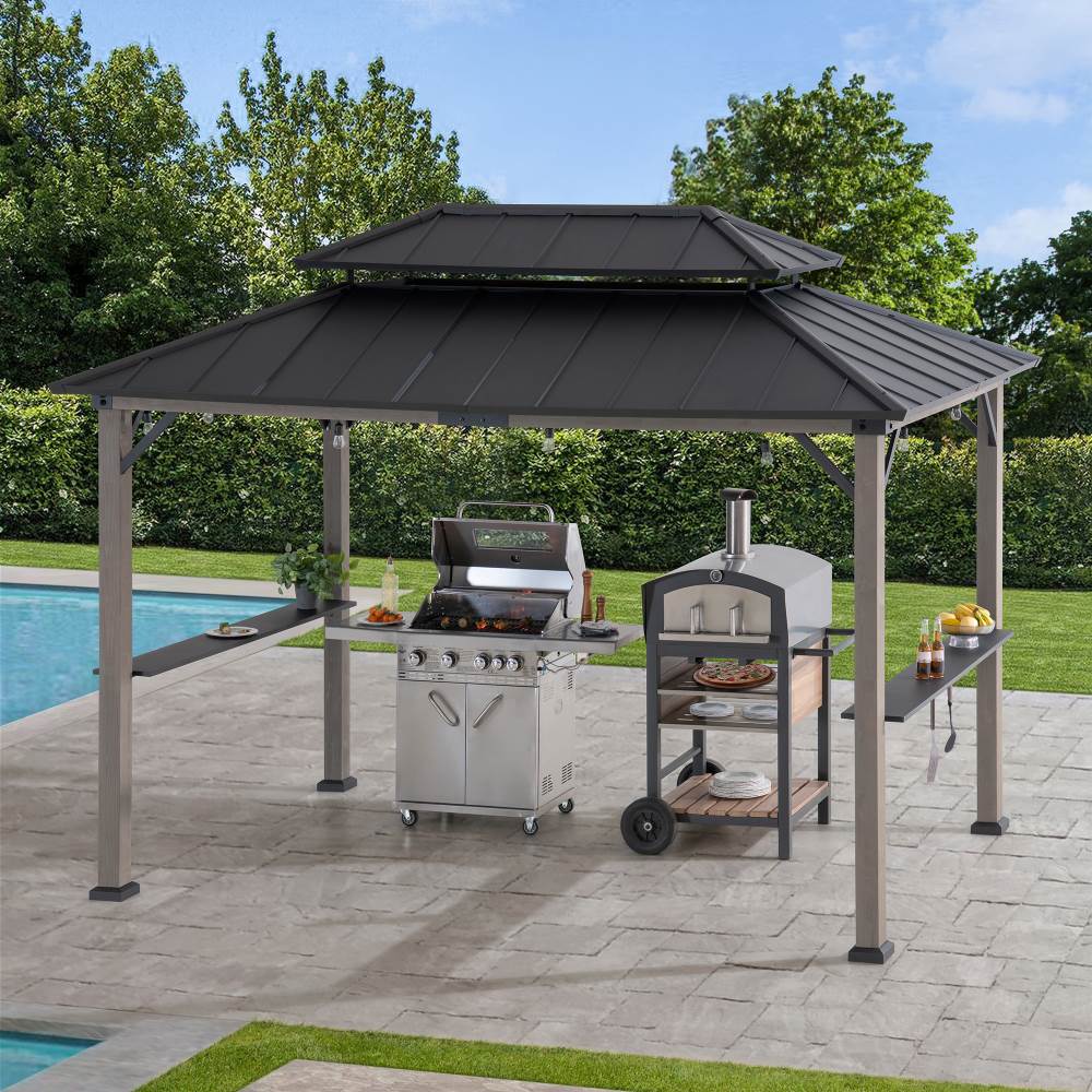 Outdoor gazebo with grill and pizza oven near a pool