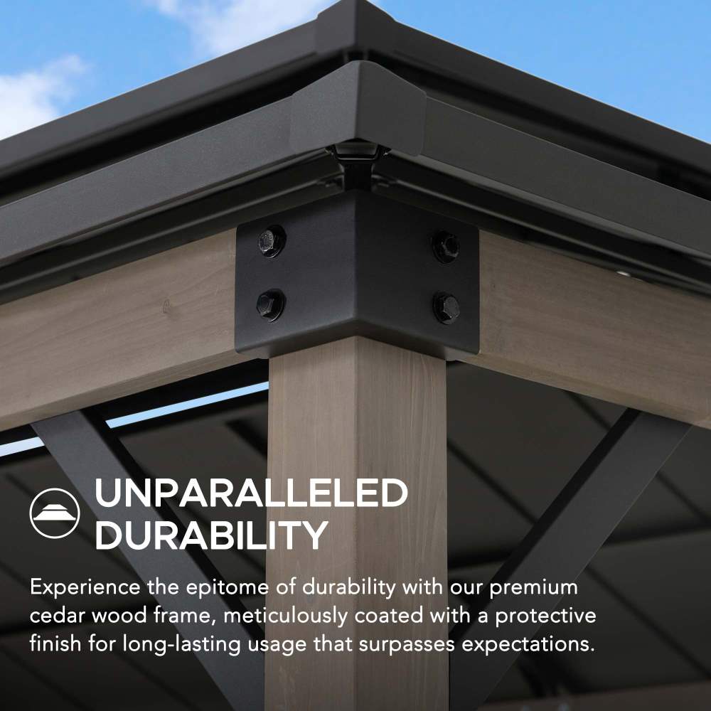 Wooden pergola structure with metal brackets against a blue sky, emphasizing durability.