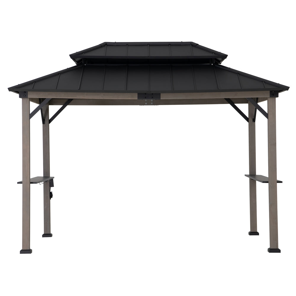 Hexagonal gazebo with black roof and brown frame on a white background