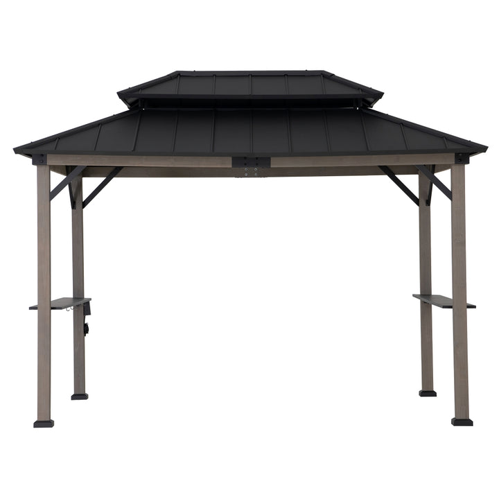 Hexagonal gazebo with black roof and brown frame on a white background
