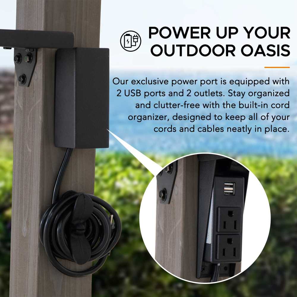 Outdoor power station with USB ports and outlets on a wooden post, featuring text about organization.