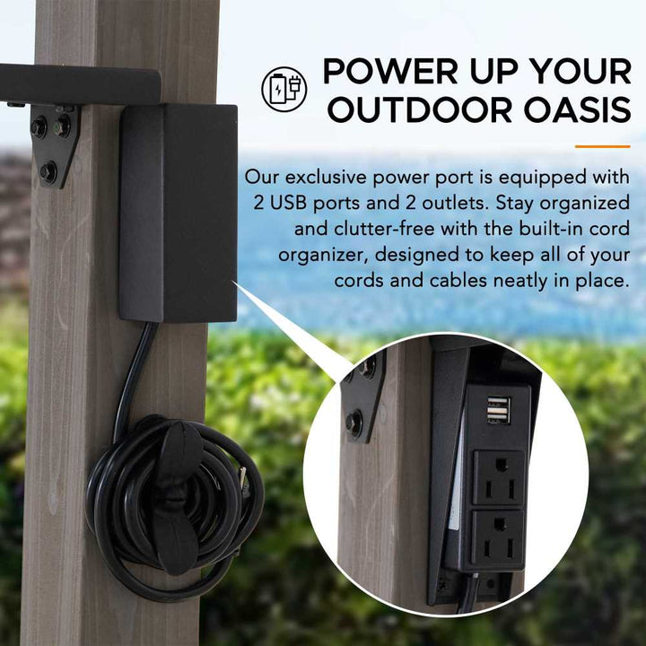 Outdoor power station with USB ports and outlets on a wooden post, featuring text about organization.