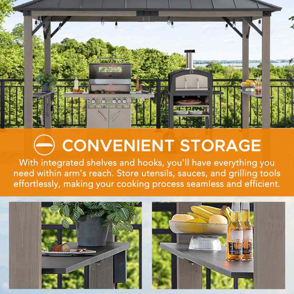 Outdoor kitchen setup with grill, pizza oven, and storage shelves on a deck with greenery in the background.