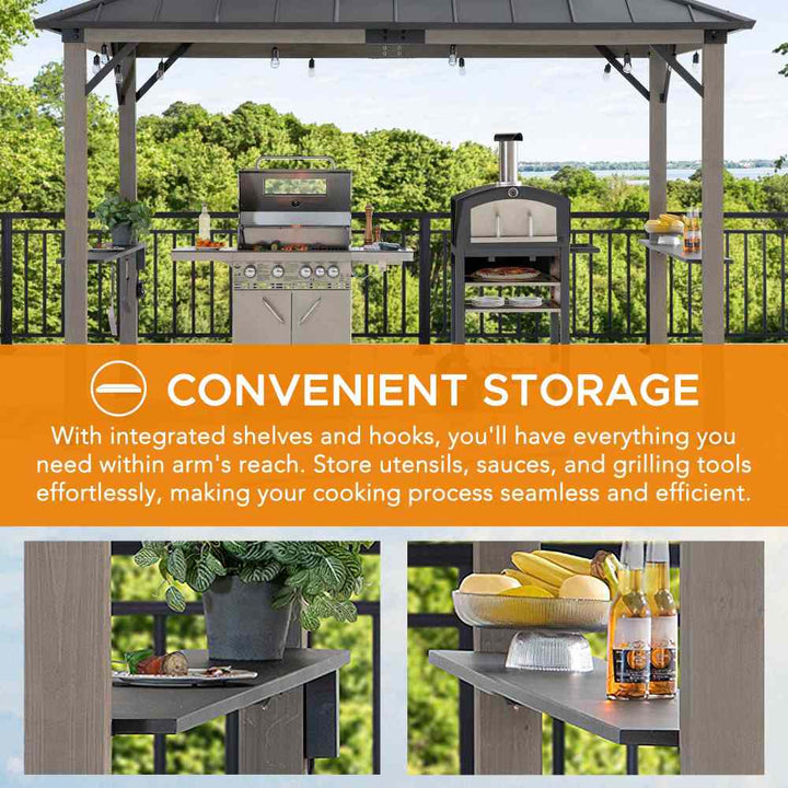 Outdoor kitchen setup with grill, pizza oven, and storage shelves on a deck with greenery in the background.