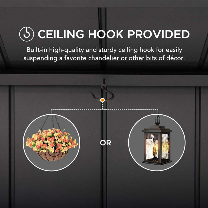 Ceiling hook feature with decorative items on a black background