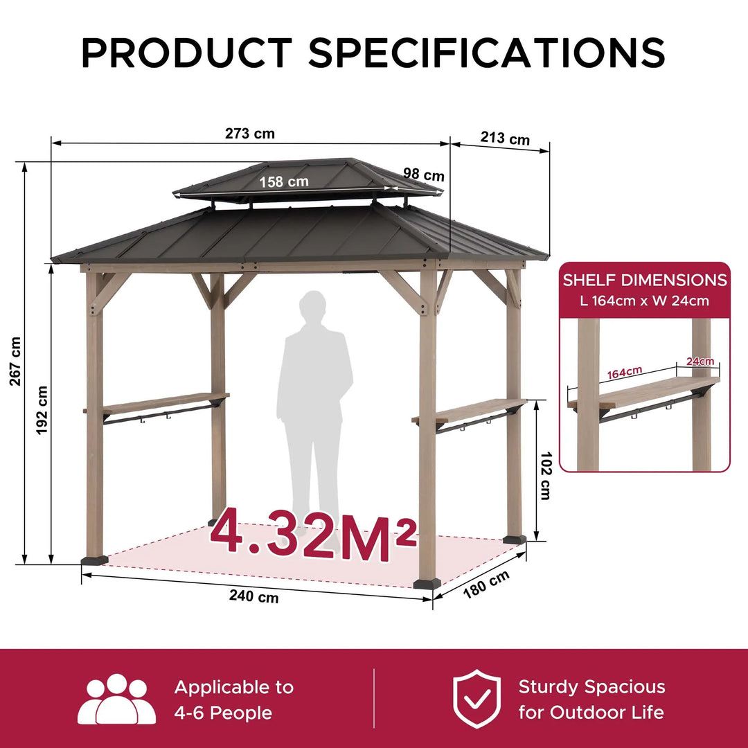 SUNJOY 2.73m x 2.13m Wood Grill Gazebo with Bar Shelves
