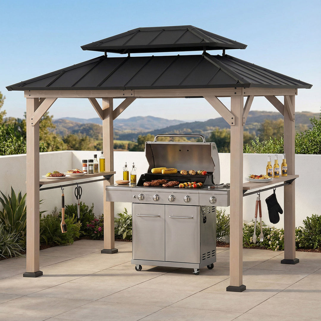Outdoor grill with wooden canopy in a garden setting