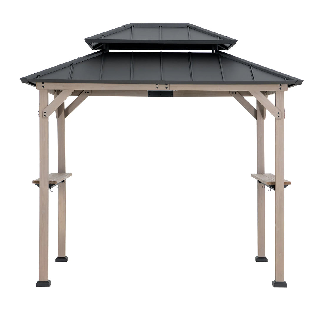 Beige outdoor gazebo with a black metal roof on a white background