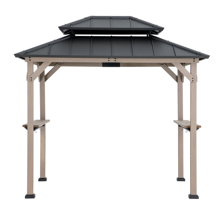 Beige outdoor gazebo with a black metal roof on a white background