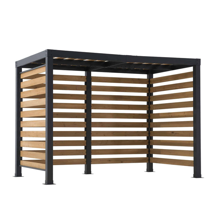 Outdoor canopy structure with wooden slats and black metal frame on a white background