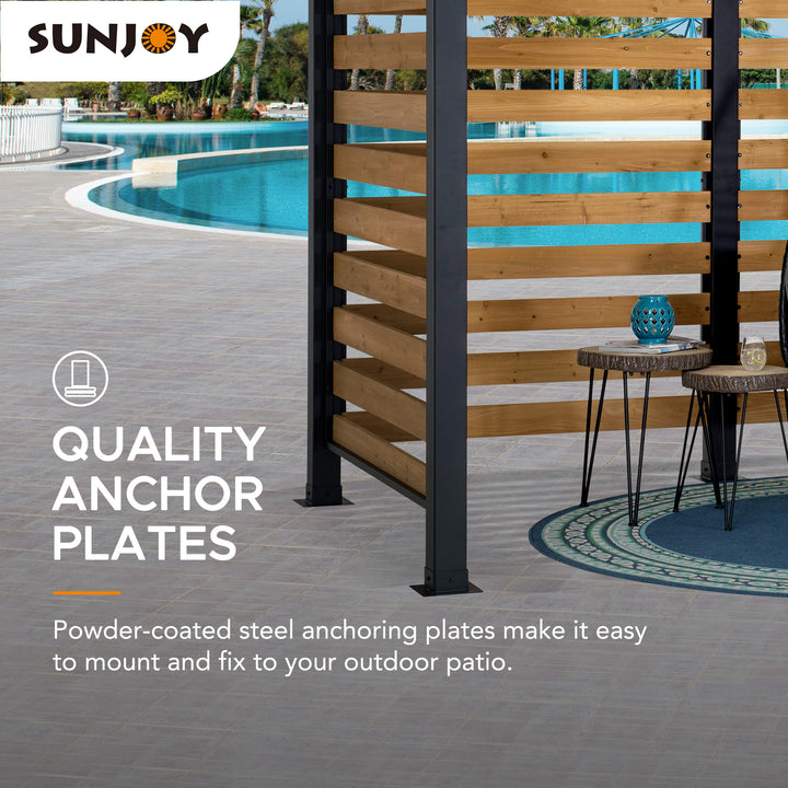 Sunjoy anchor plates with outdoor patio setting featuring a pool.