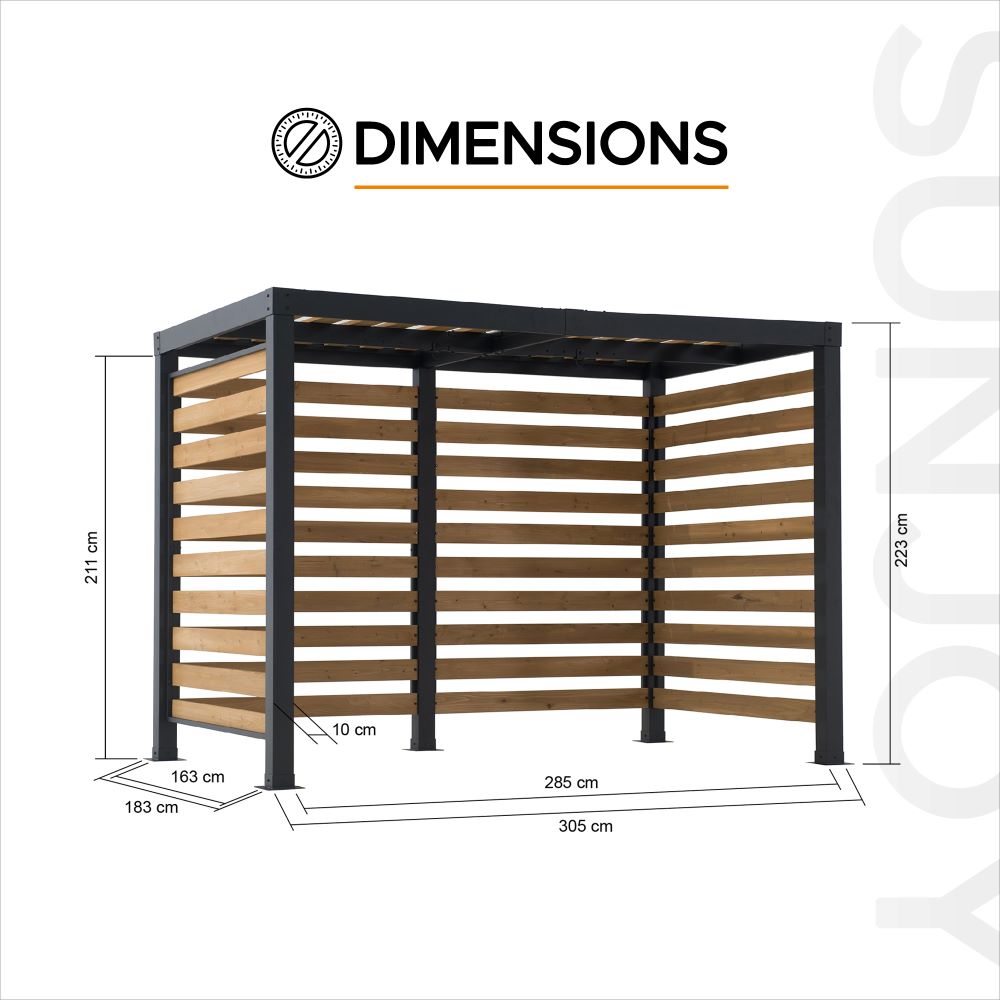 Dimensions of a wooden structure with black frame on a white background
