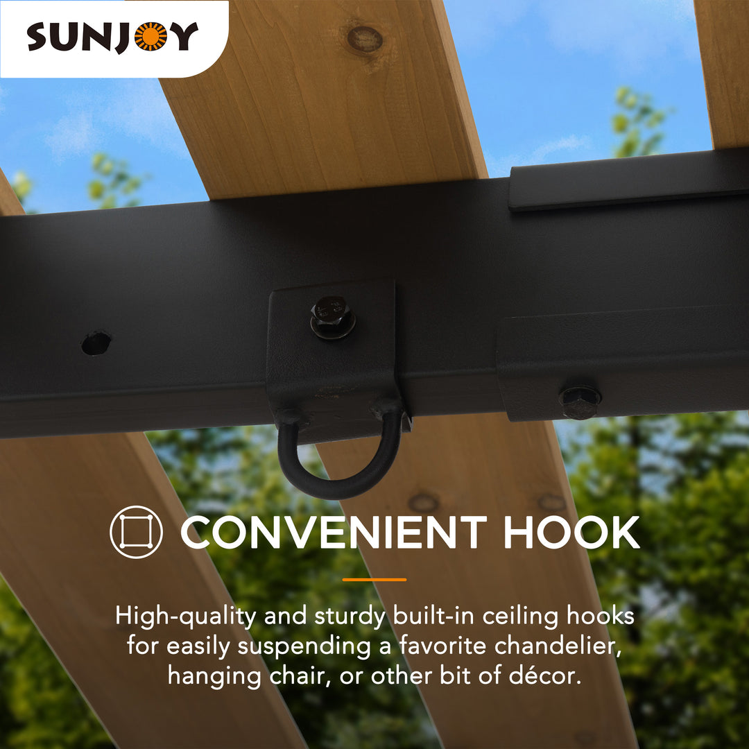 Sunjoy ceiling hook system with wooden beams and outdoor background