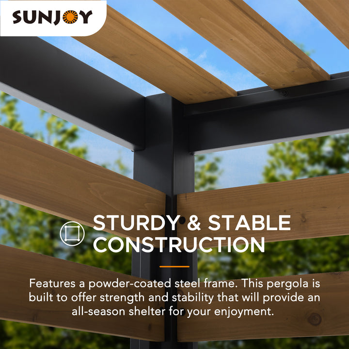 Wooden pergola with a clear blue sky and green trees in the background, featuring Sunjoy branding.