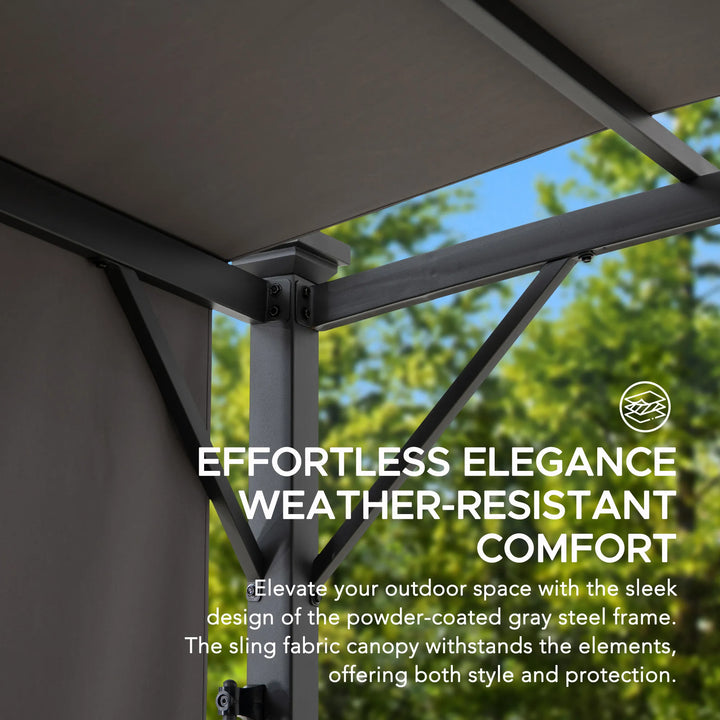 Patio umbrella with text highlighting weather-resistant design and comfort