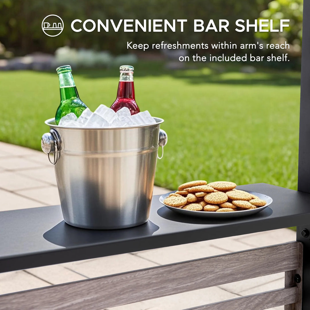 Metal bar shelf with ice bucket and snacks outdoors