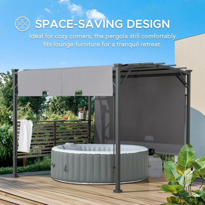 Pergola with lounge furniture and hot tub on a wooden deck with text about space-saving design.