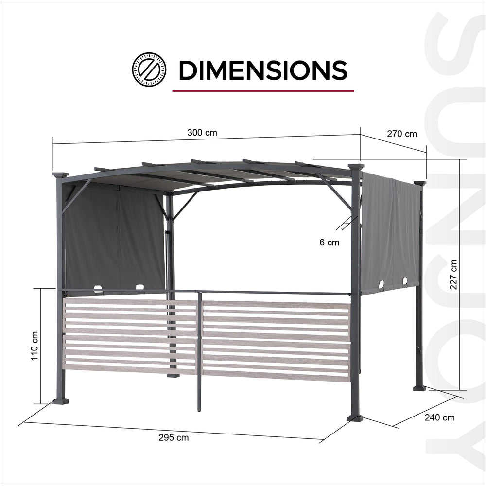 Dimensions of a garden gazebo with labeled measurements on a white background.