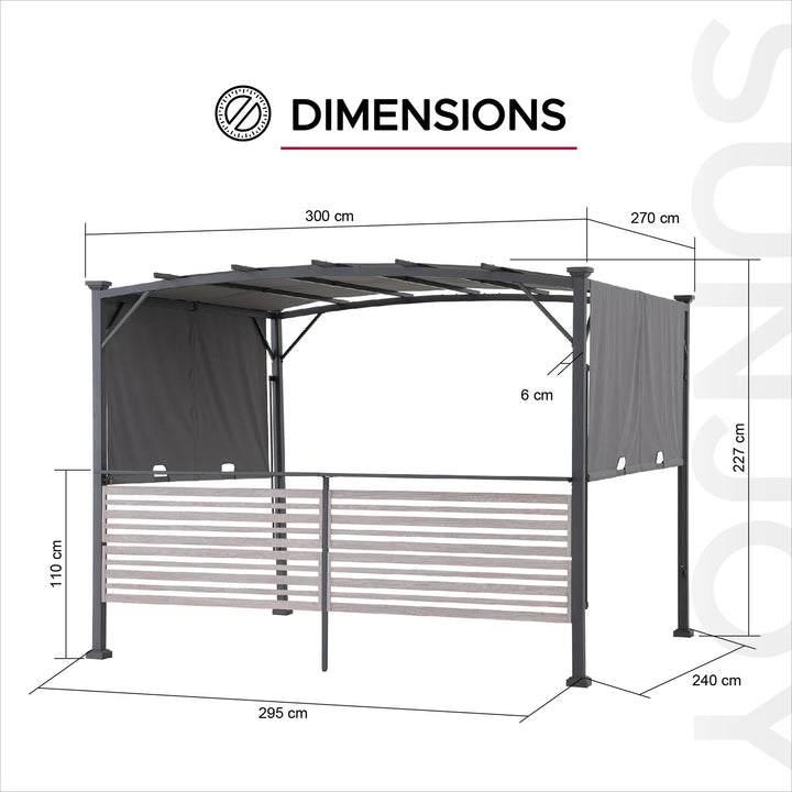 Dimensions of a garden gazebo with labeled measurements on a white background.