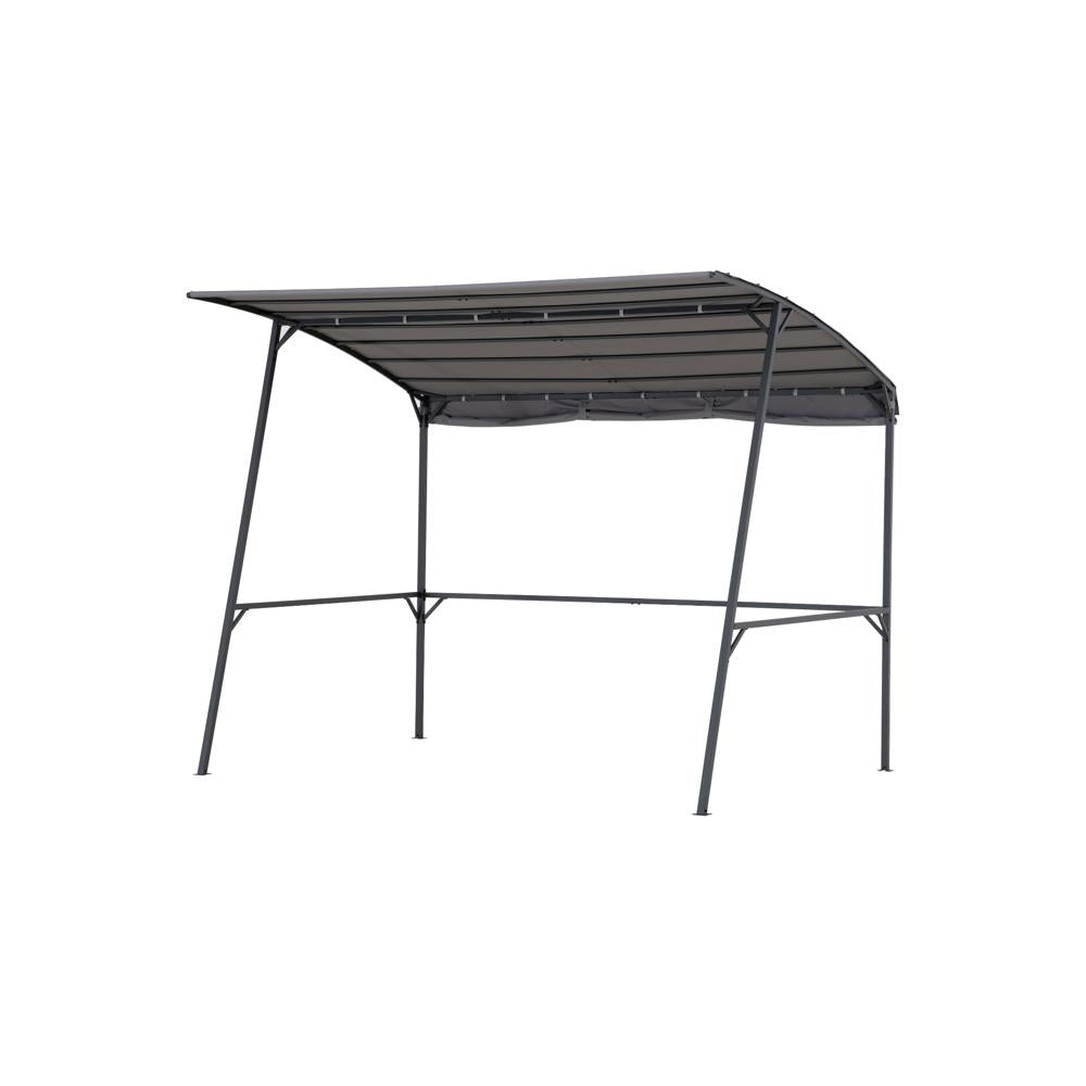 Black metal canopy structure on a white background