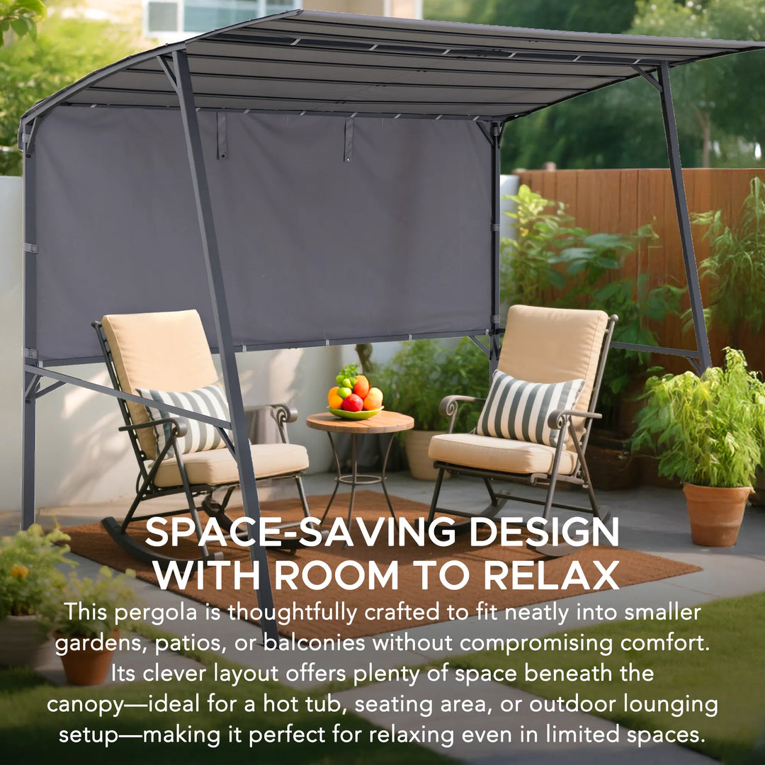 Outdoor pergola with chairs and table in a garden setting, featuring text about space-saving design.