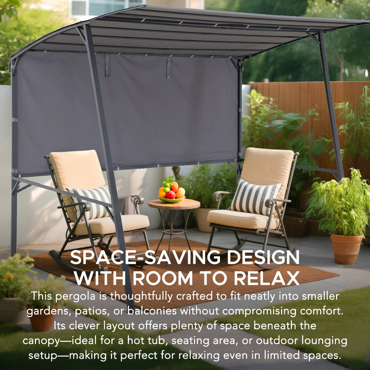 Outdoor pergola with chairs and table in a garden setting, featuring text about space-saving design.